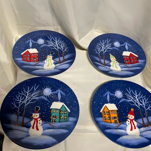 Other - Hand-Painted Blue Snowman Holiday Dinner Plates - Set of 4